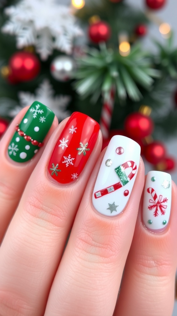 Close-up of short Christmas nails with festive designs including snowflakes and candy canes.